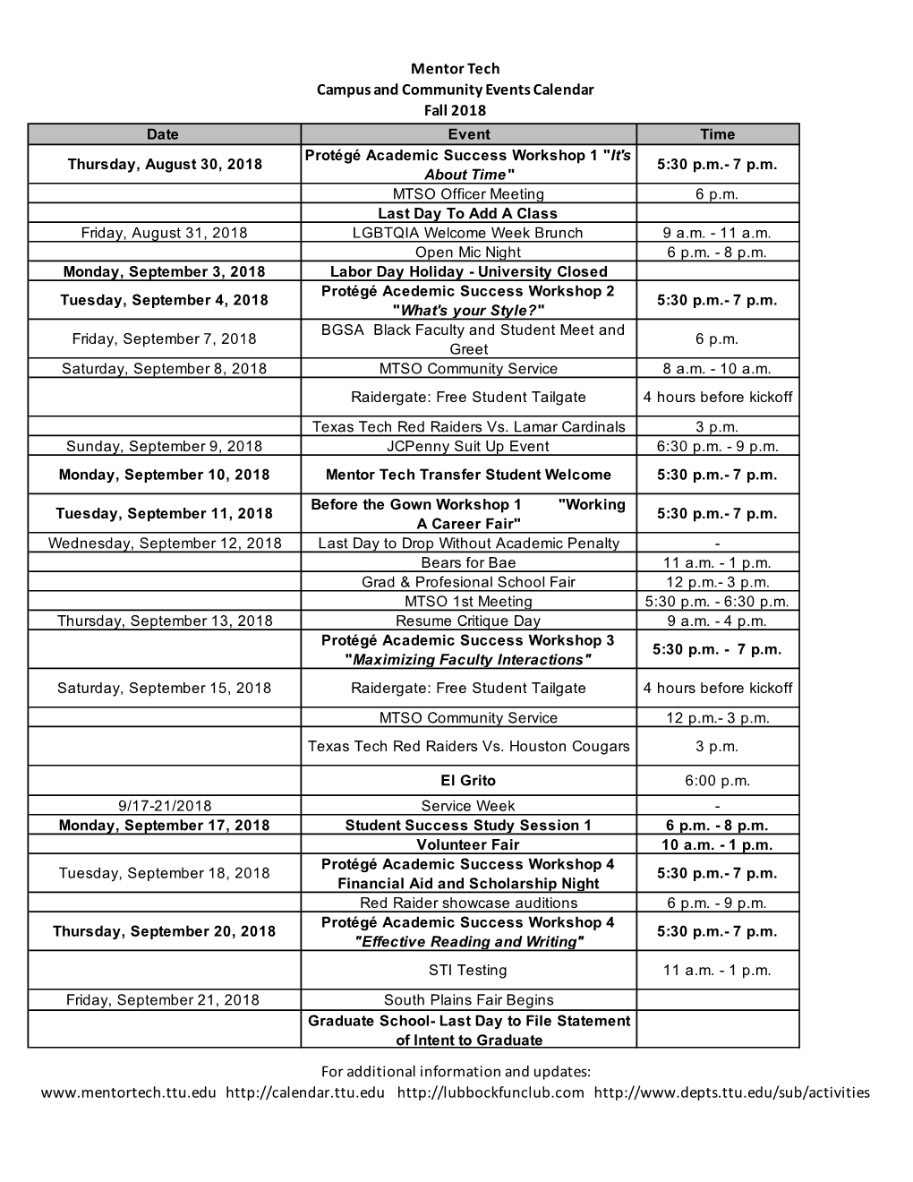 Copy of Copy of Mentor Tech Campus and Community Calendar Fall 2018