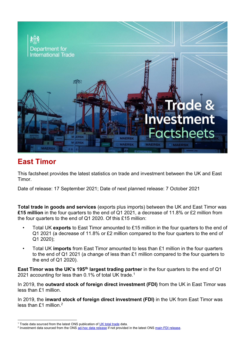 Trade and Investment Factsheets: East Timor