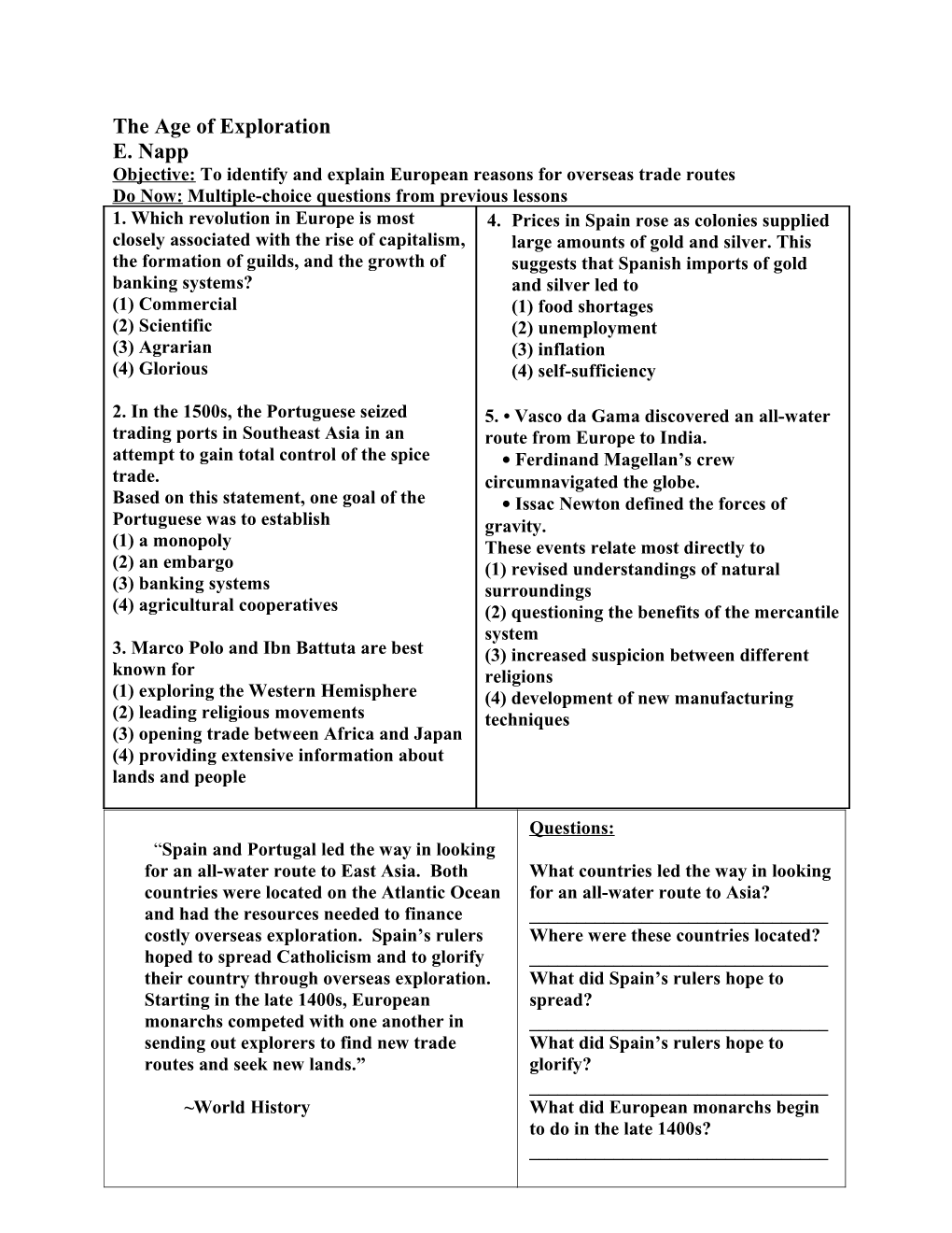 Objective: to Identify and Explain European Reasons for Overseas Trade Routes