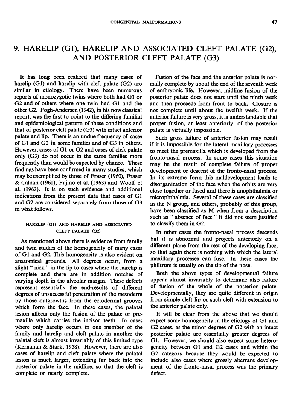 Gi), Harelip and Associated Cleft Palate (G2), and Posterior Cleft Palate (G3