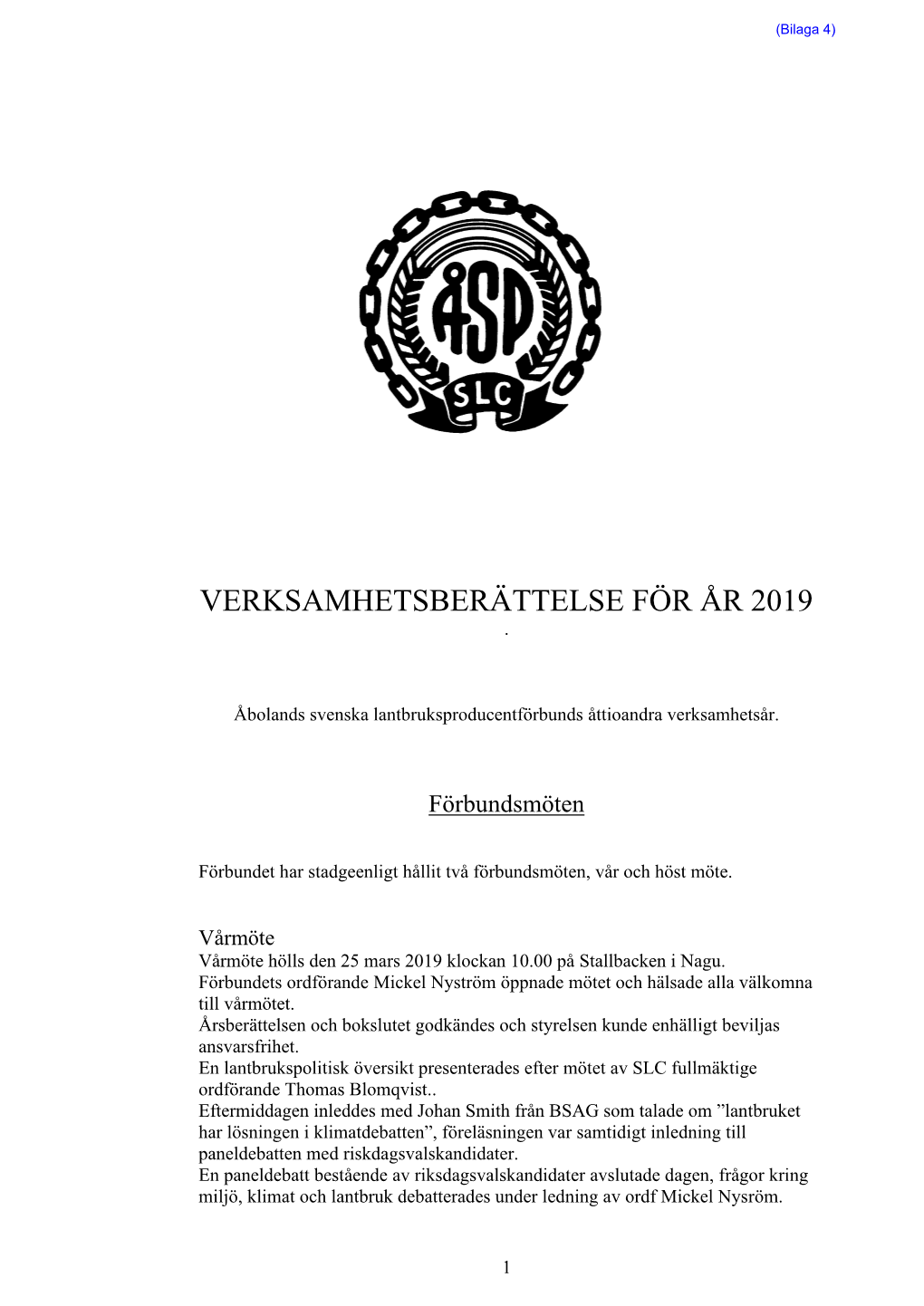 Verksamhetsberättelse För År 2019