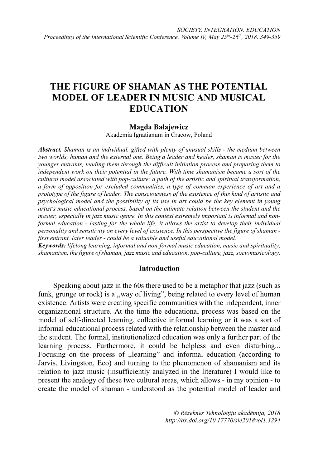 The Figure of Shaman As the Potential Model of Leader in Music and Musical Education