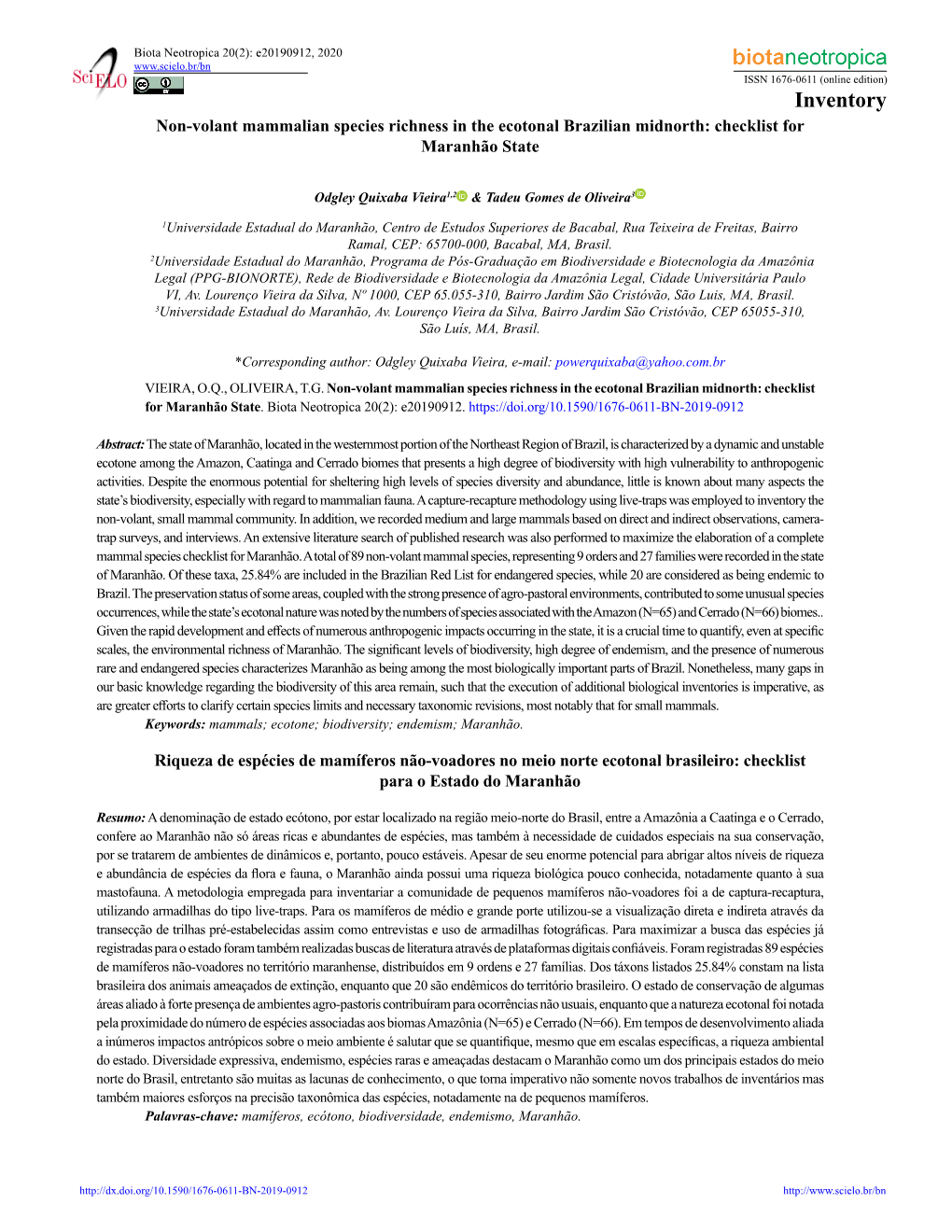 Inventory Non-Volant Mammalian Species Richness in the Ecotonal Brazilian Midnorth: Checklist for Maranhão State