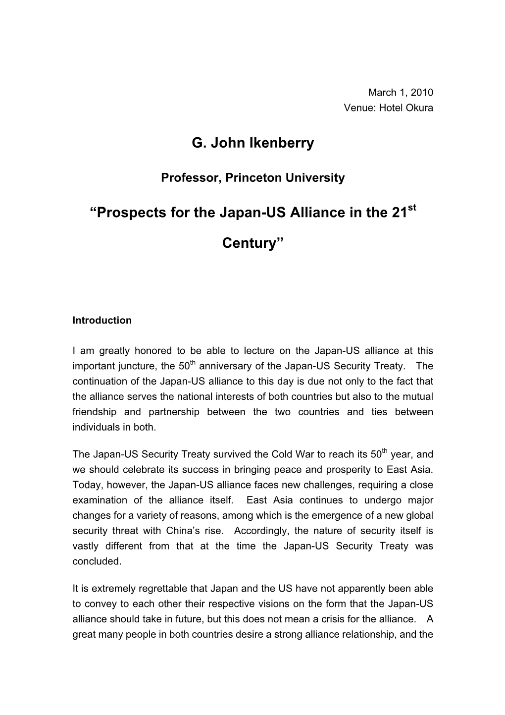 G. John Ikenberry “Prospects for the Japan-US Alliance in the 21 Century”