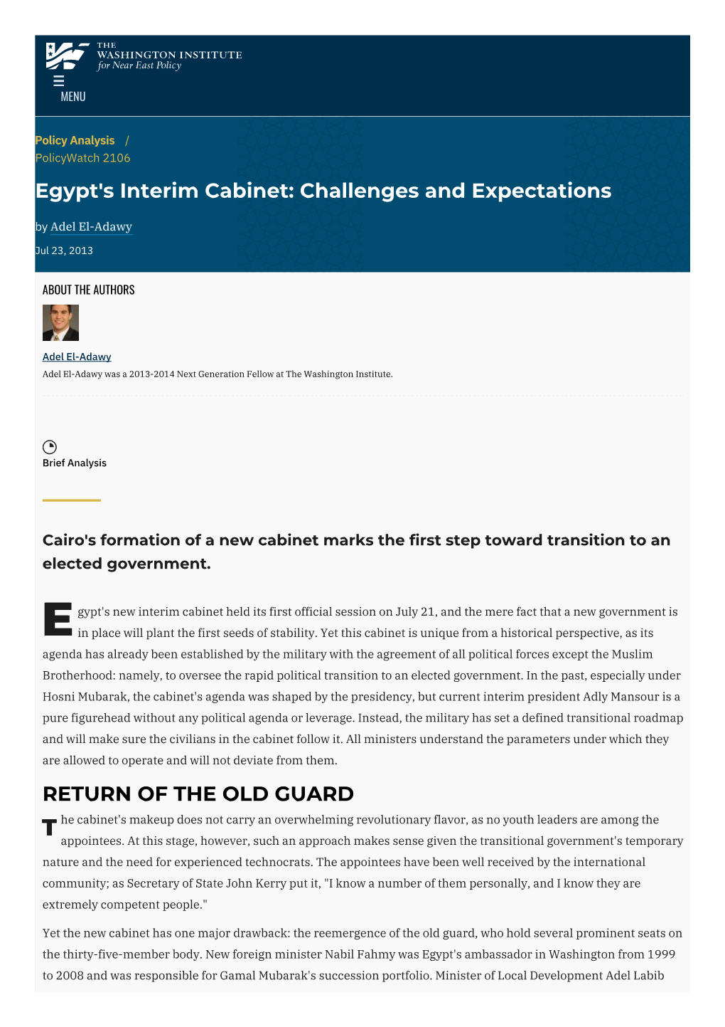 Egypt's Interim Cabinet: Challenges and Expectations | the Washington Institute