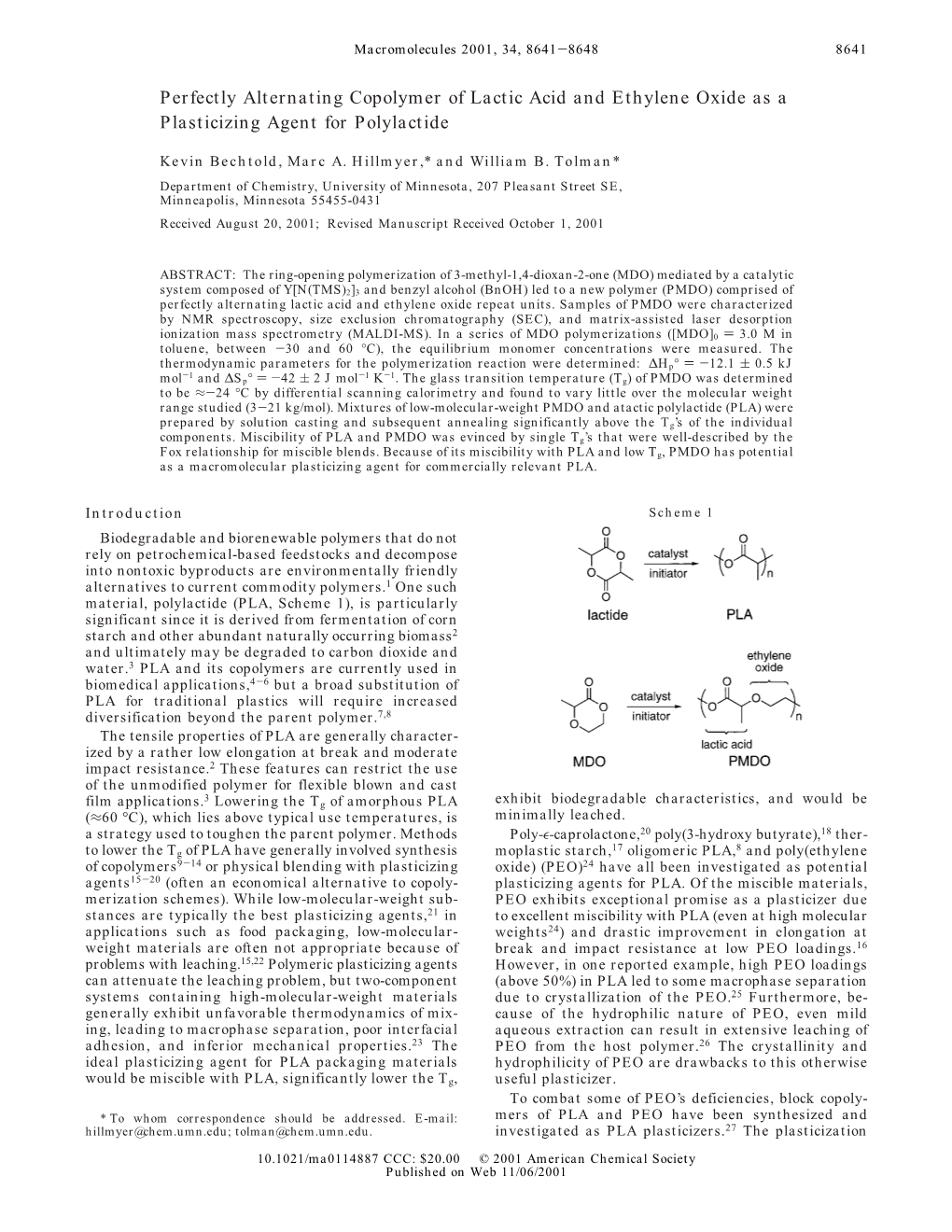 Perfectly Alternating Copolymer of Lactic Acid and Ethylene Oxide As a Plasticizing Agent for Polylactide