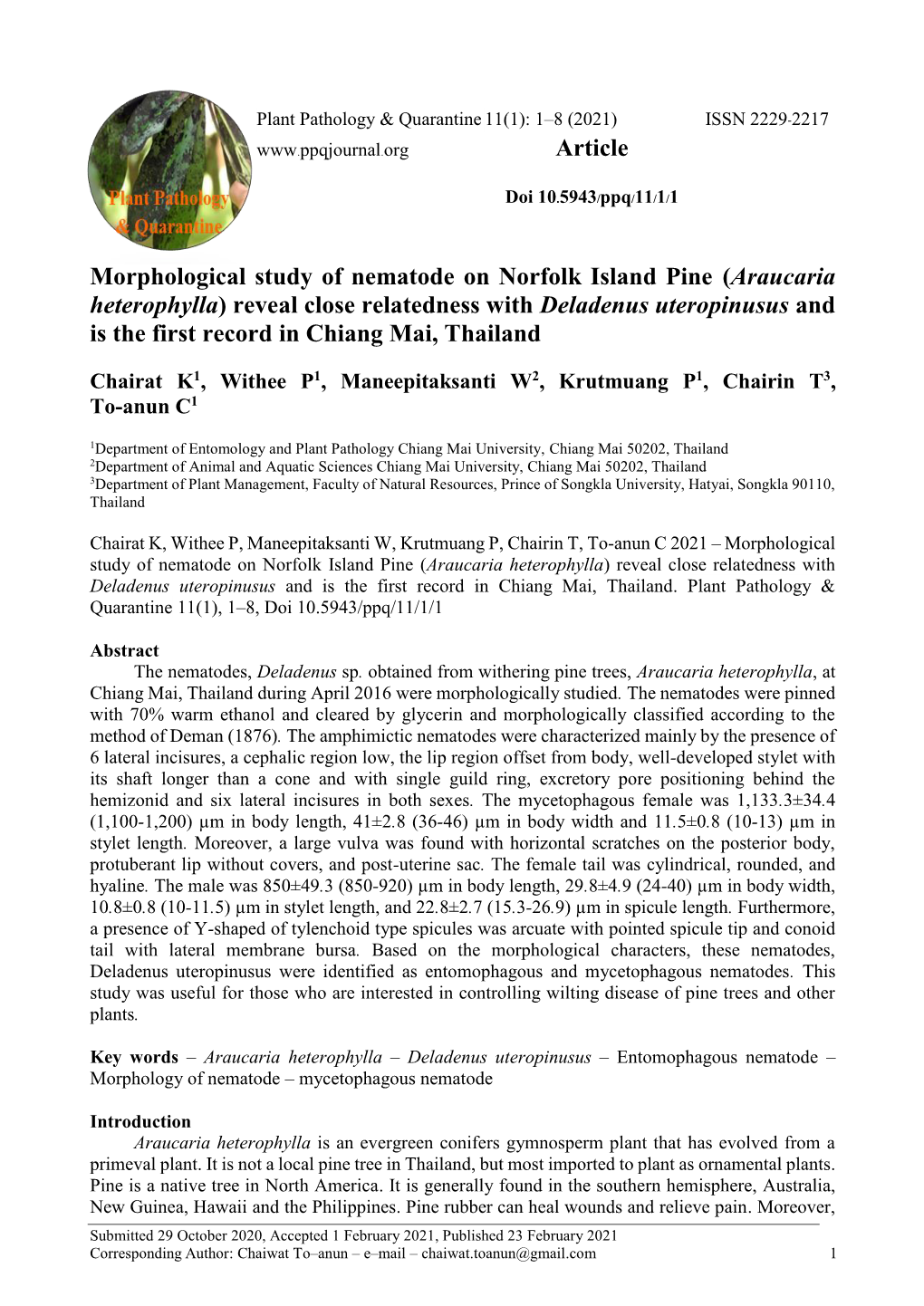 Araucaria Heterophylla) Reveal Close Relatedness with Deladenus Uteropinusus and Is the First Record in Chiang Mai, Thailand