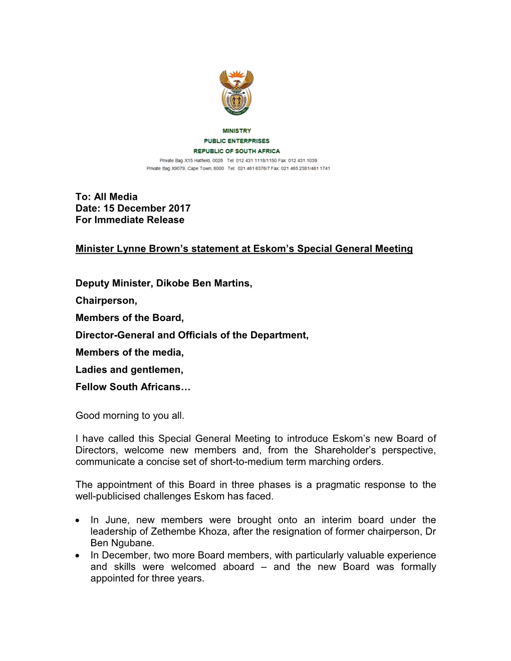 To: All Media Date: 15 December 2017 for Immediate Release