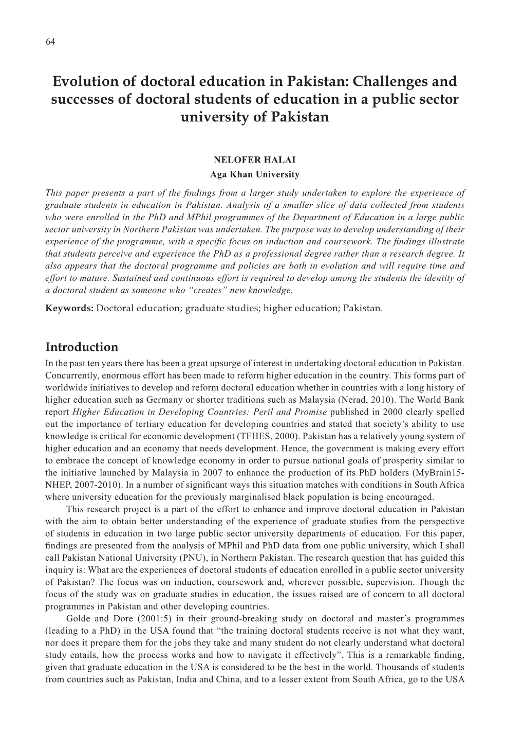 Evolution of Doctoral Education in Pakistan: Challenges and Successes of Doctoral Students of Education in a Public Sector University of Pakistan