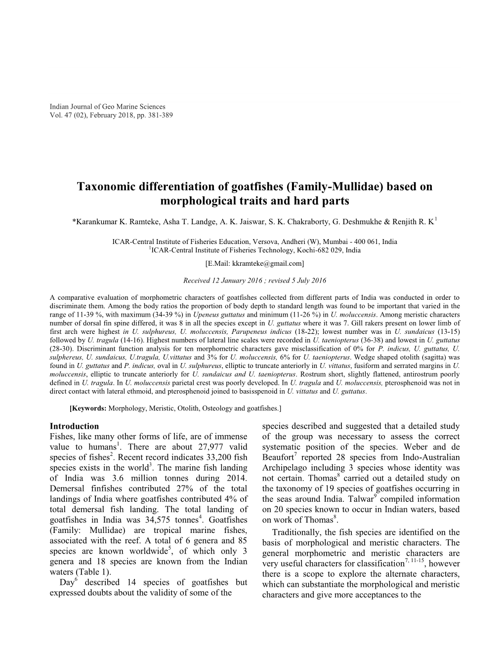 Taxonomic Differentiation of Goatfishes (Family-Mullidae) Based on Morphological Traits and Hard Parts