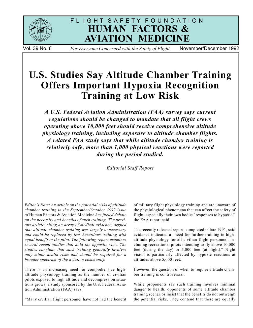 U.S. Studies Say Altitude Chamber Training Offers Important Hypoxia Recognition Training at Low Risk