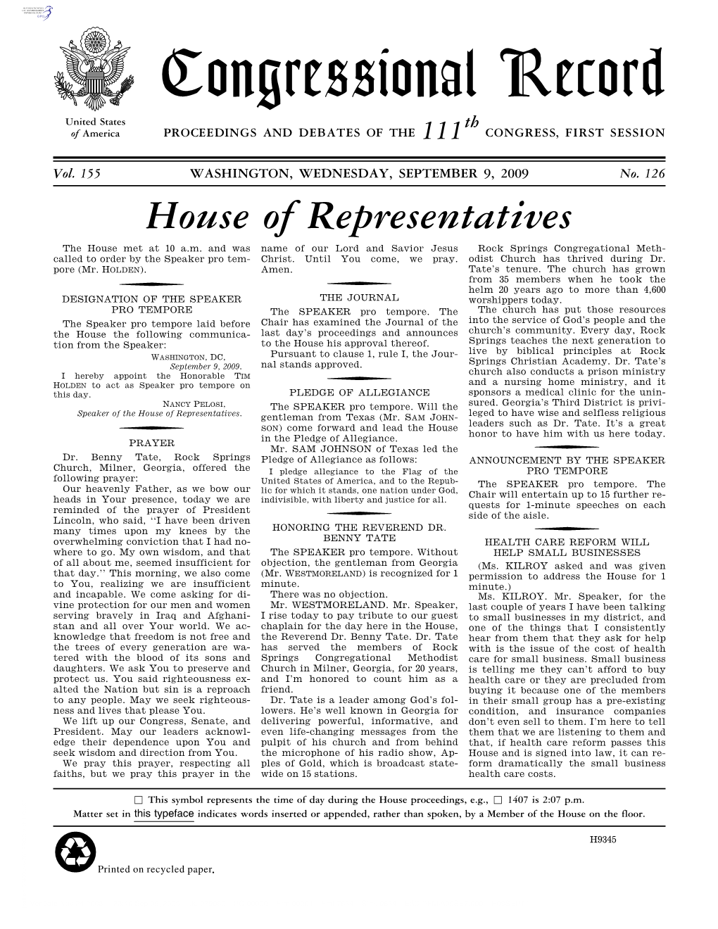 Congressional Record United States Th of America PROCEEDINGS and DEBATES of the 111 CONGRESS, FIRST SESSION