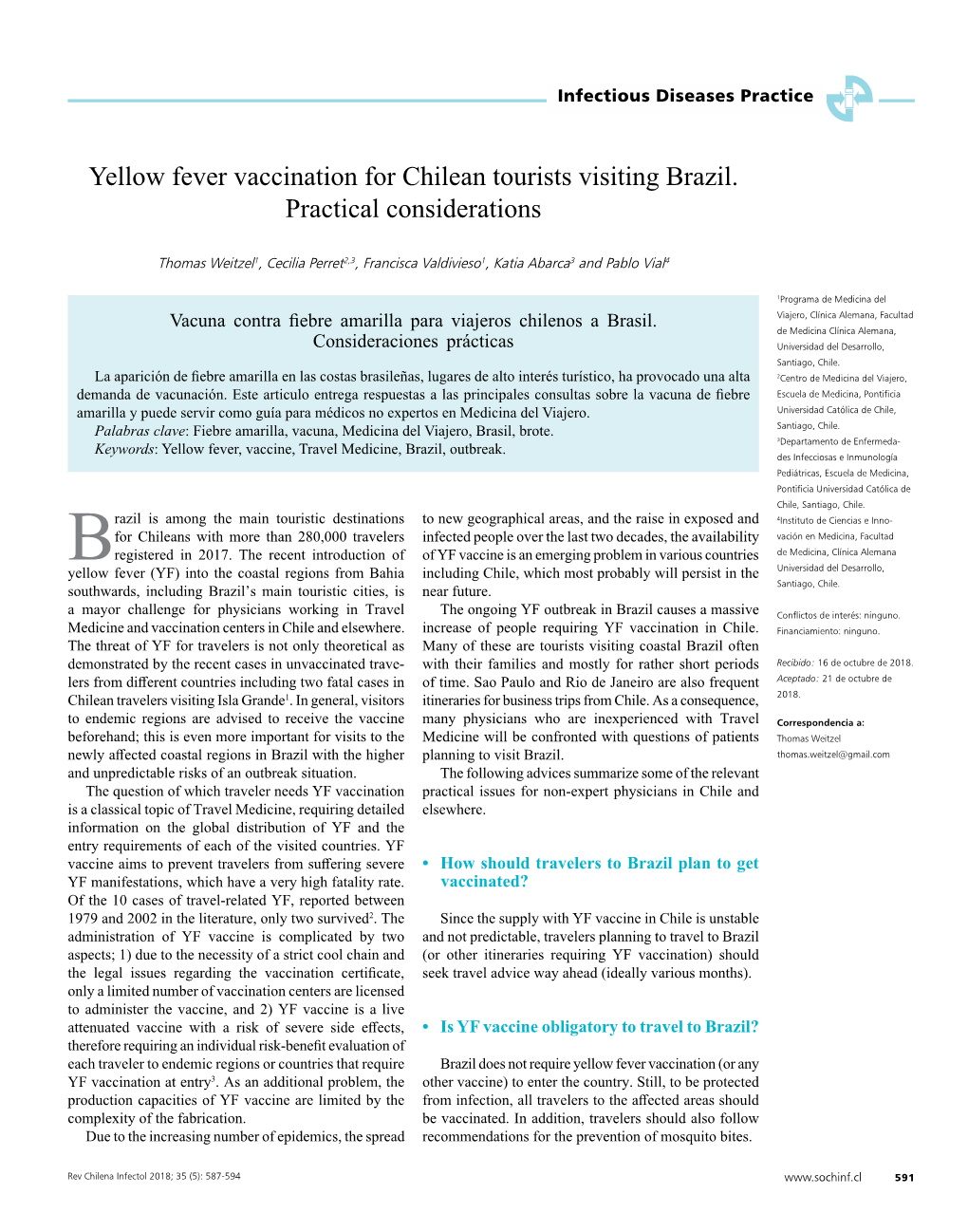 Yellow Fever Vaccination for Chilean Tourists Visiting Brazil. Practical Considerations