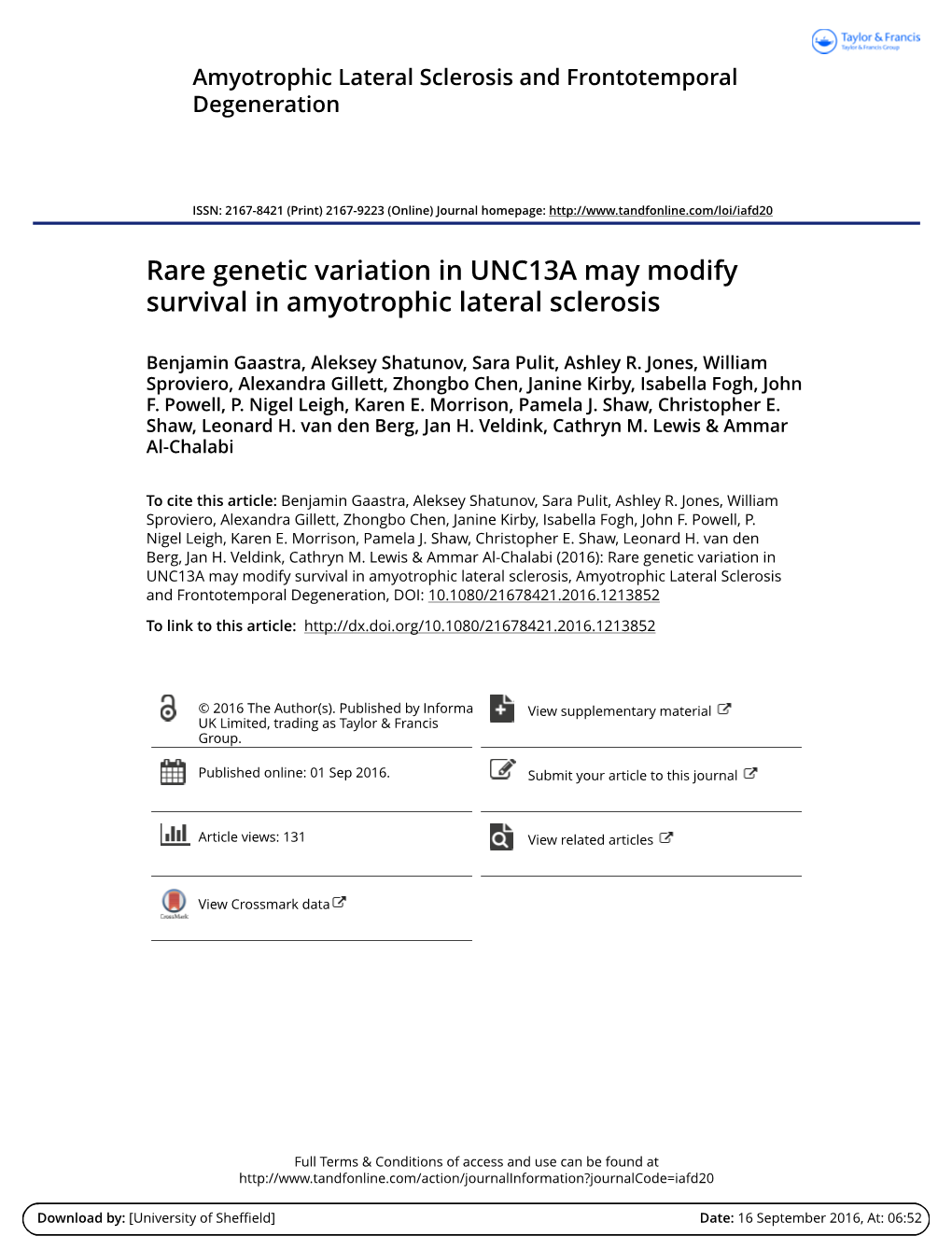 Rare Genetic Variation in UNC13A May Modify Survival in Amyotrophic Lateral Sclerosis