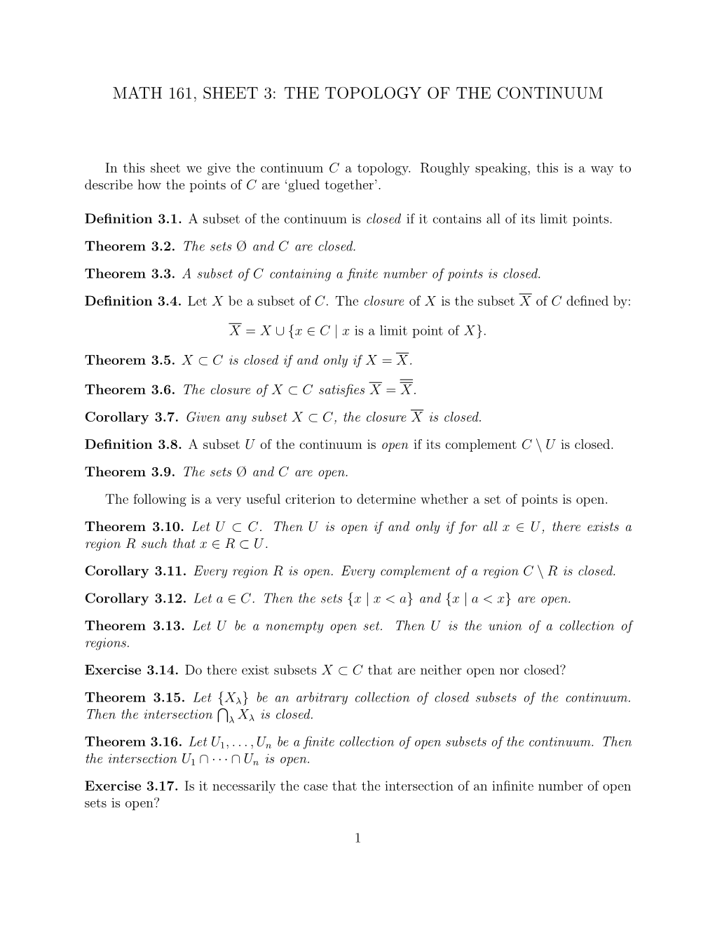 Math 161, Sheet 3: the Topology of the Continuum