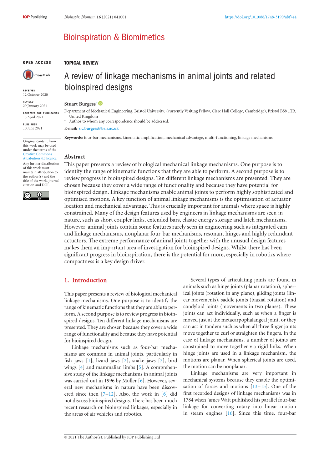 A Review of Linkage Mechanisms in Animal Joints and Related