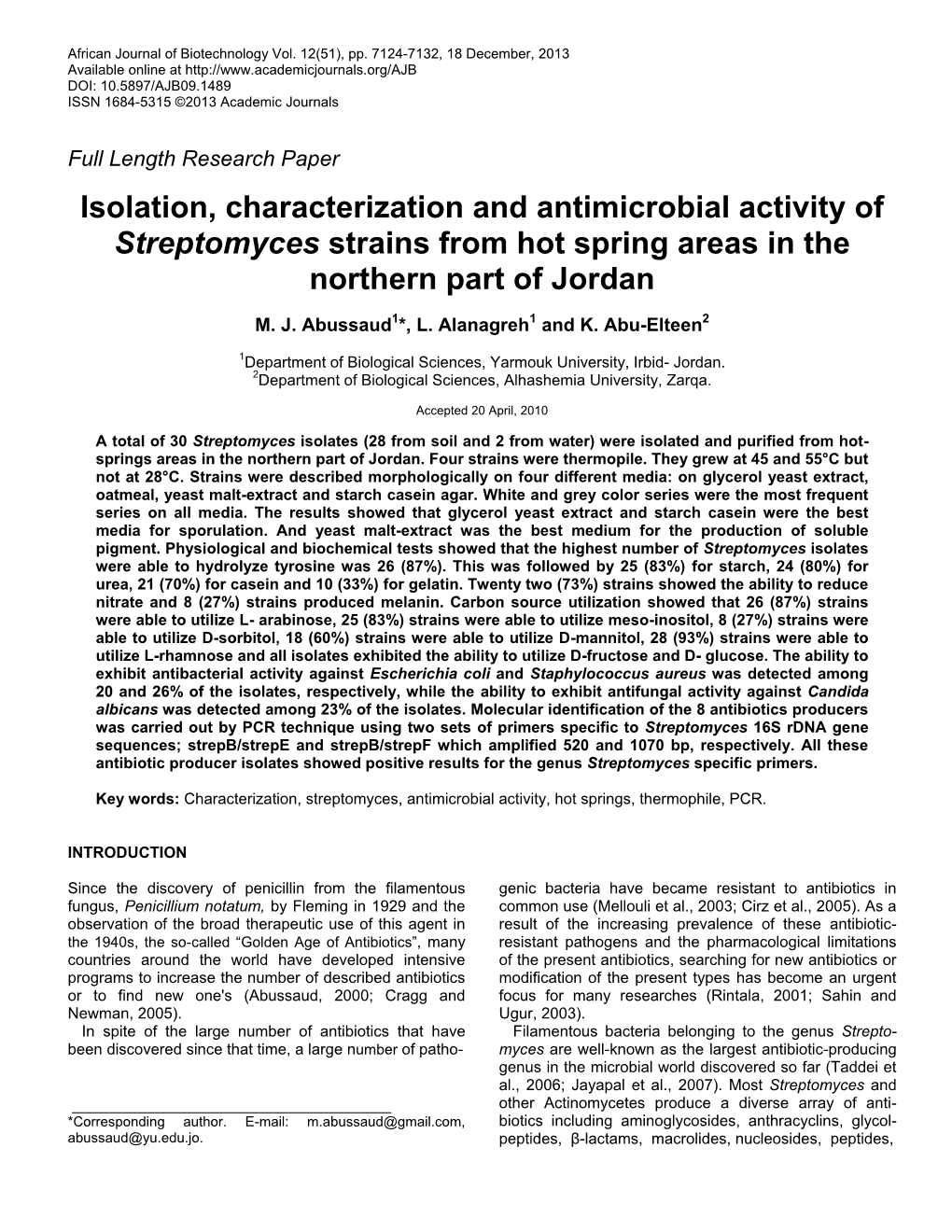 Isolation, Characterization and Antimicrobial Activity of Streptomyces Strains from Hot Spring Areas in the Northern Part of Jordan