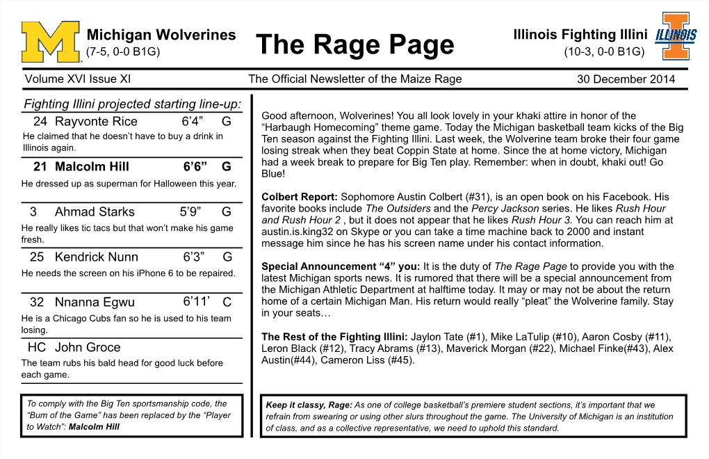 Illinois Fighting Illini (7-5, 0-0 B1G) the Rage Page (10-3, 0-0 B1G) Volume XVI Issue XI the Official Newsletter of the Maize Rage 30 December 2014