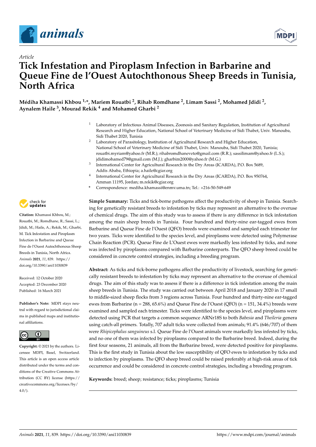 Tick Infestation and Piroplasm Infection in Barbarine and Queue Fine De L’Ouest Autochthonous Sheep Breeds in Tunisia, North Africa