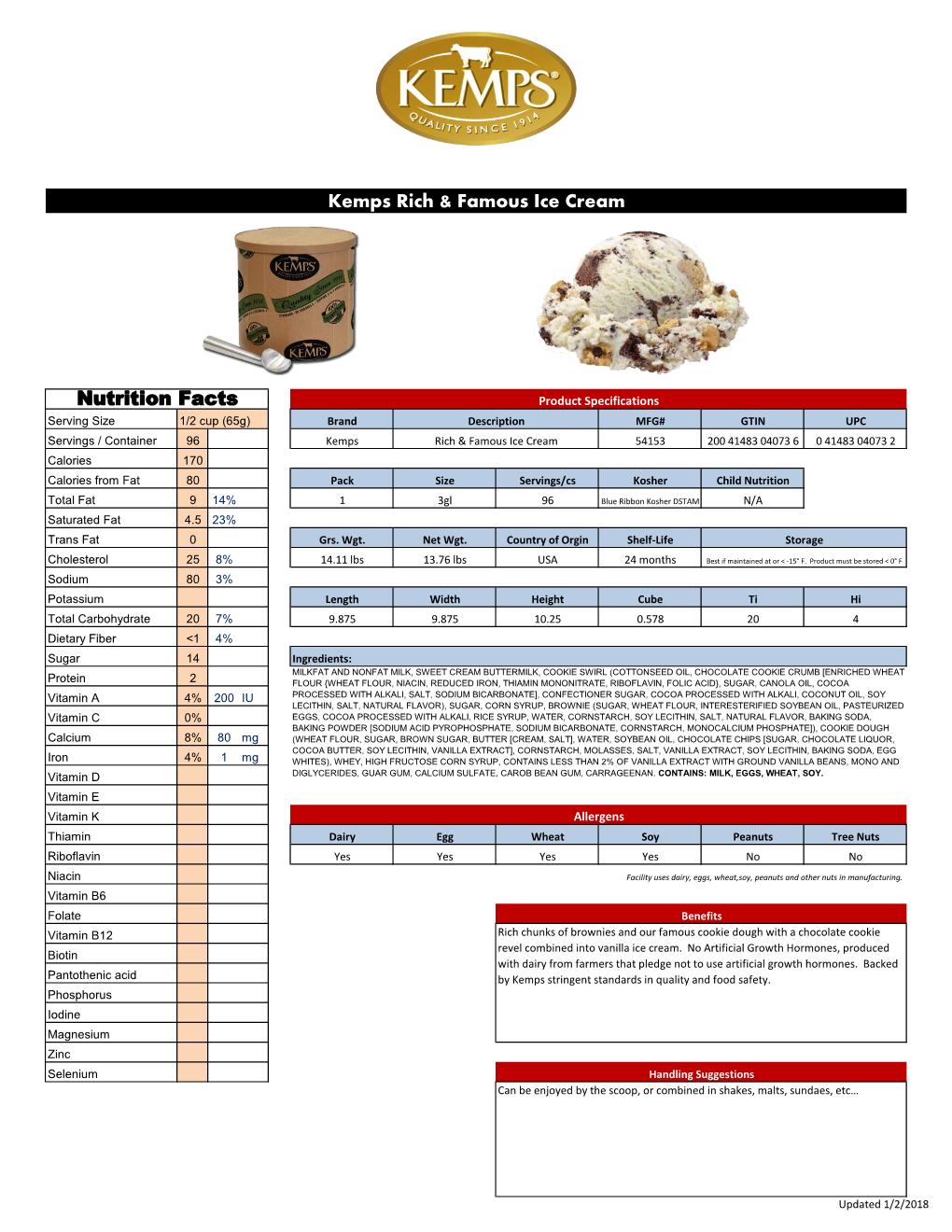 Kemps Rich & Famous Ice Cream Nutrition Facts
