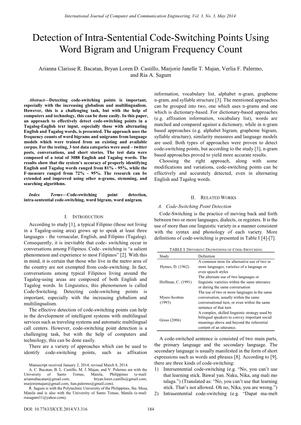 Detection of Intra-Sentential Code-Switching Points Using Word Bigram and Unigram Frequency Count