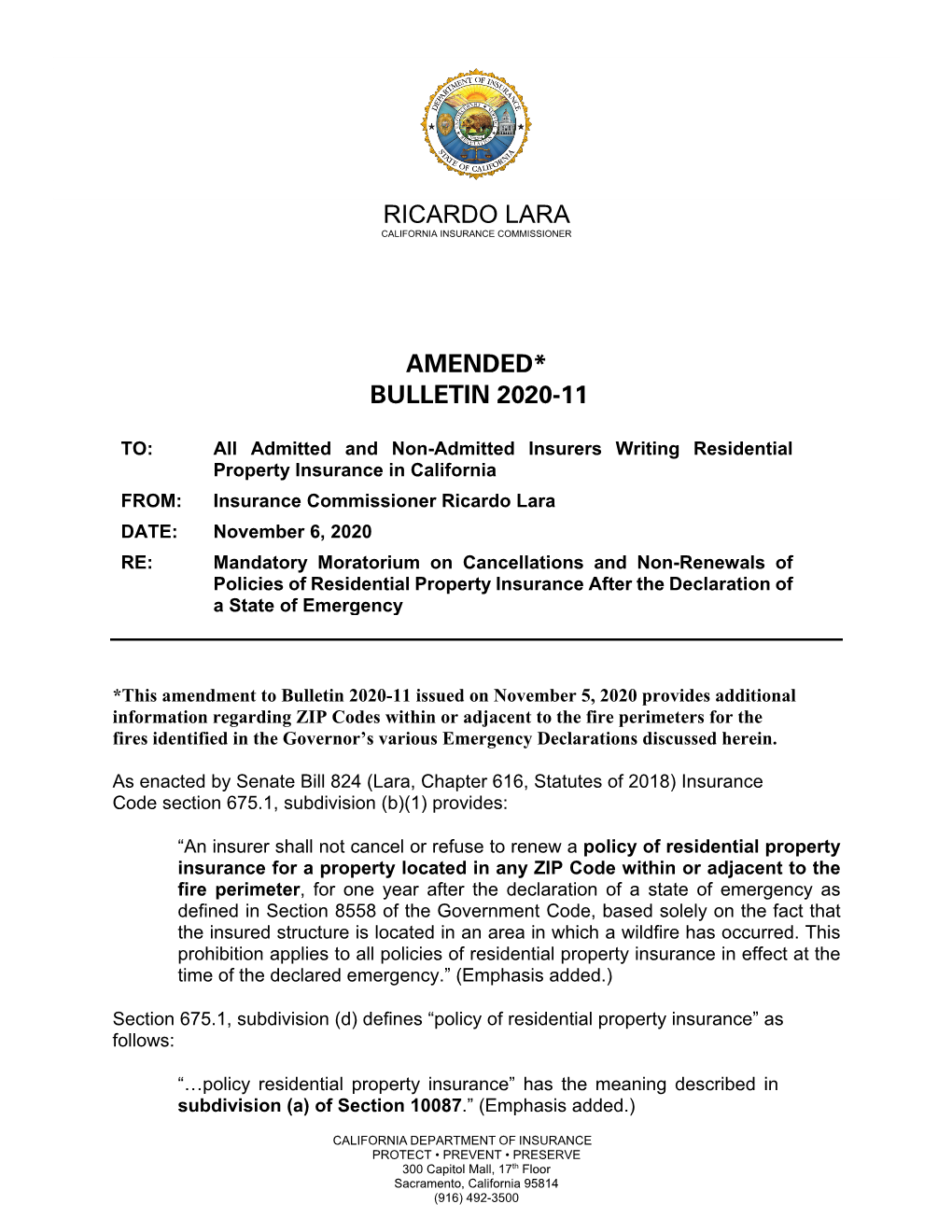 Bulletin 2020-11 Mandatory Moratorium on Cancellations And