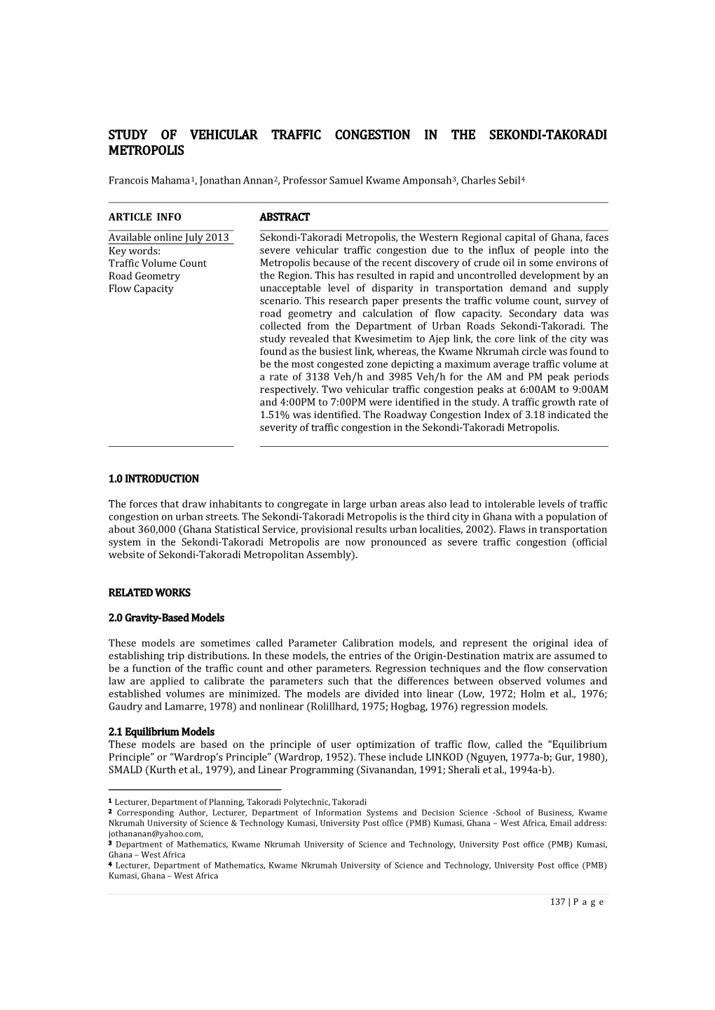 Study of Vehicular Traffic Congestion in the Sekondi-Takoradi Metropolis