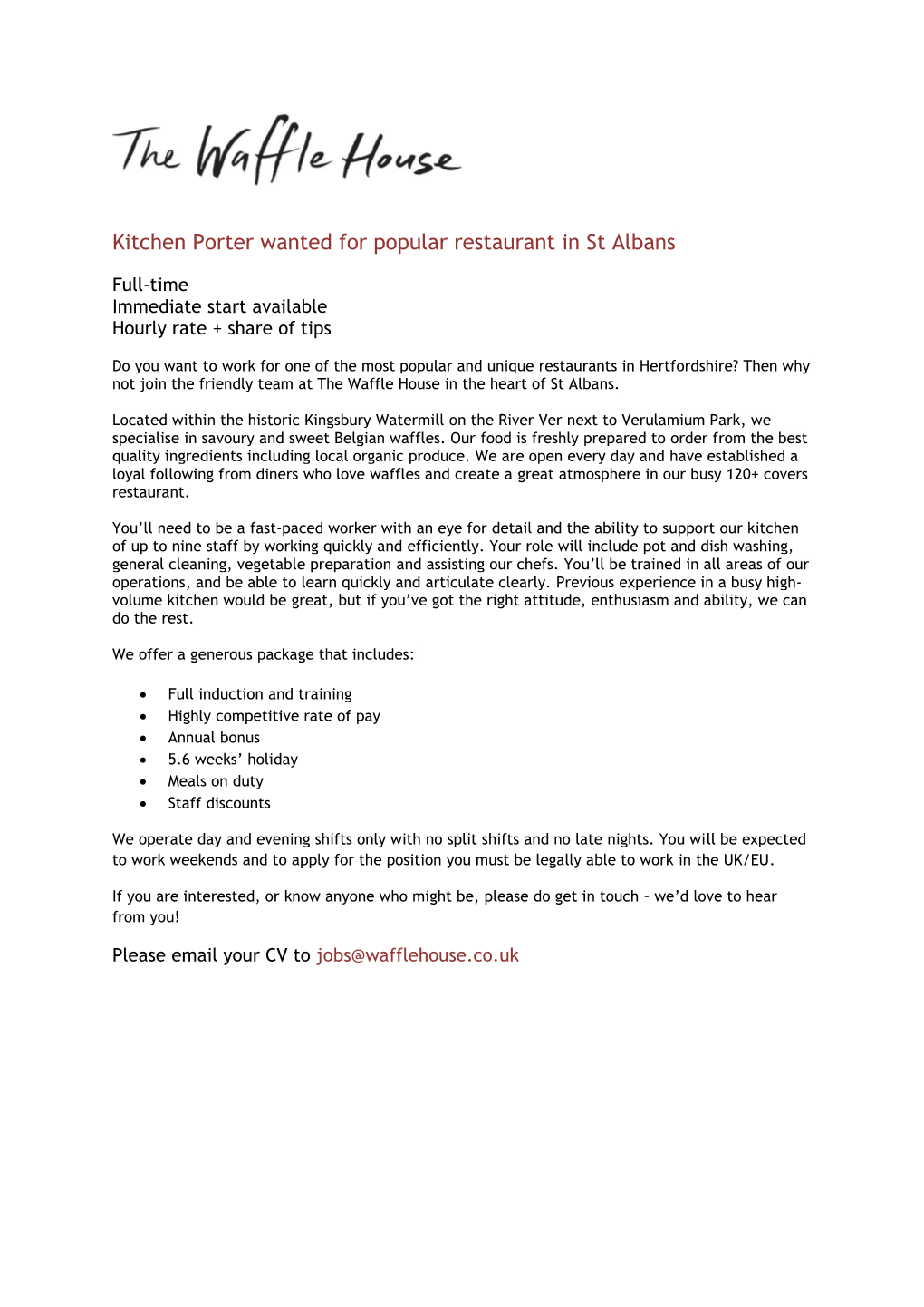 Kitchen Porter Wanted for Popular Restaurant in St Albans