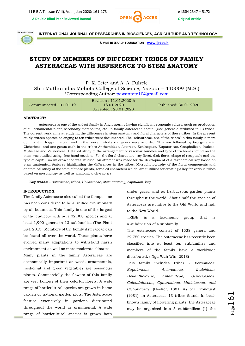 Study of Members of Different Tribes of Family Asteraceae with Reference to Stem Anatomy