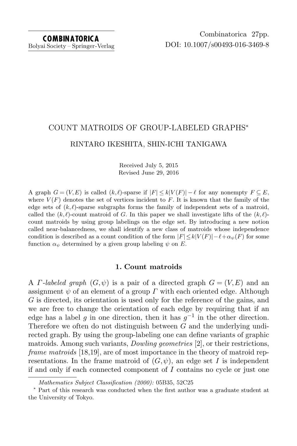 Count Matroids of Group-Labeled Graphs∗