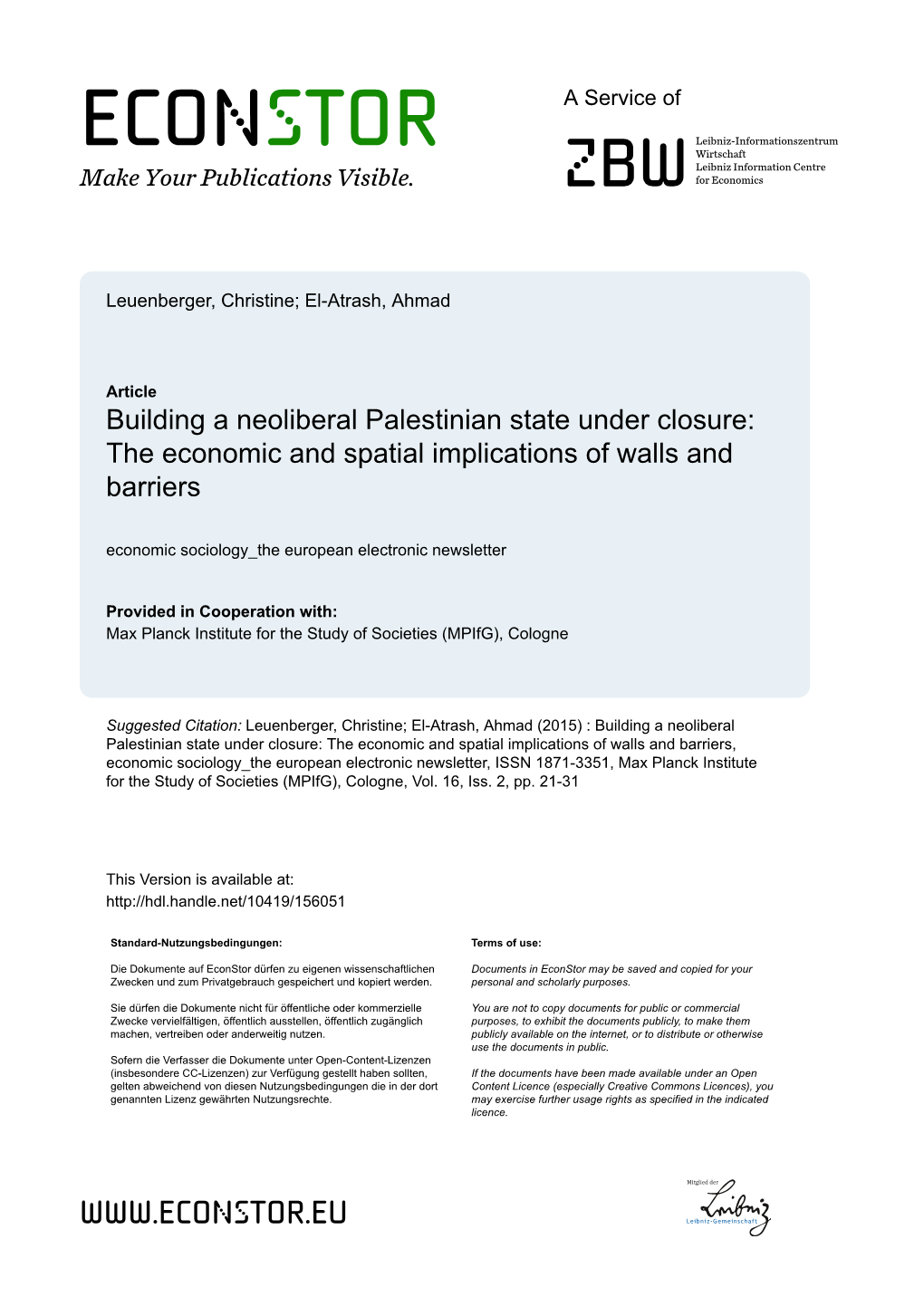 Building a Neoliberal Palestinian State Under Closure: the Economic and Spatial Implications of Walls and Barriers