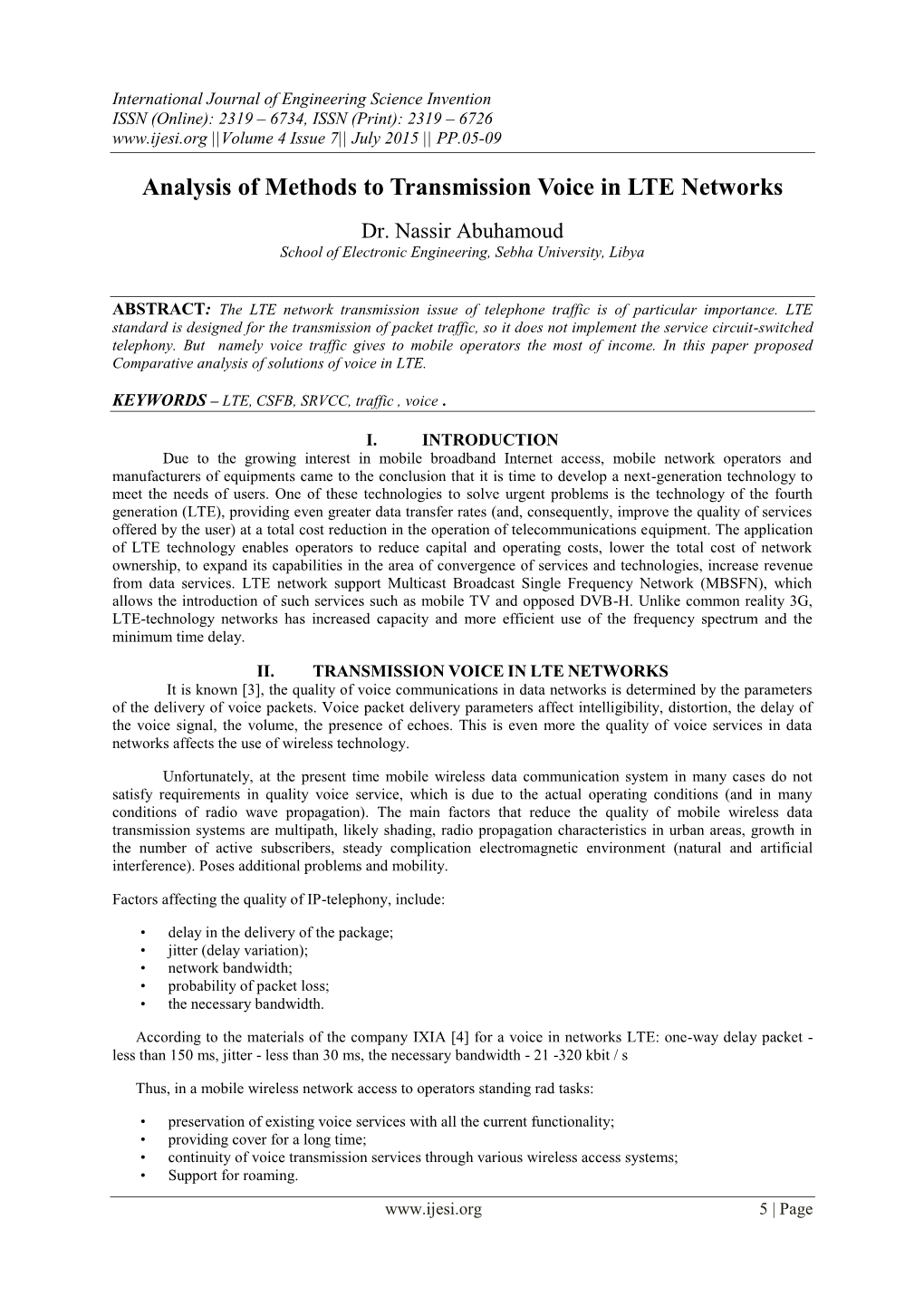 Analysis of Methods to Transmission Voice in LTE Networks