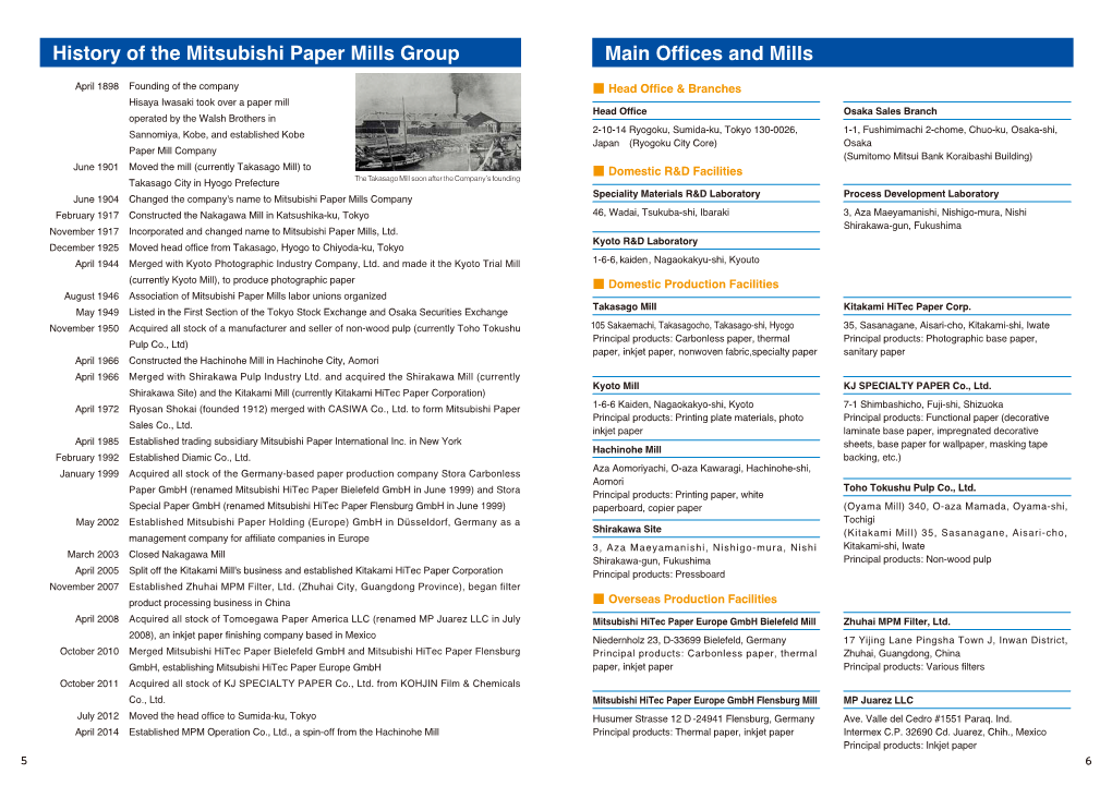 History of the Mitsubishi Paper Mills Group Main Offices and Mills