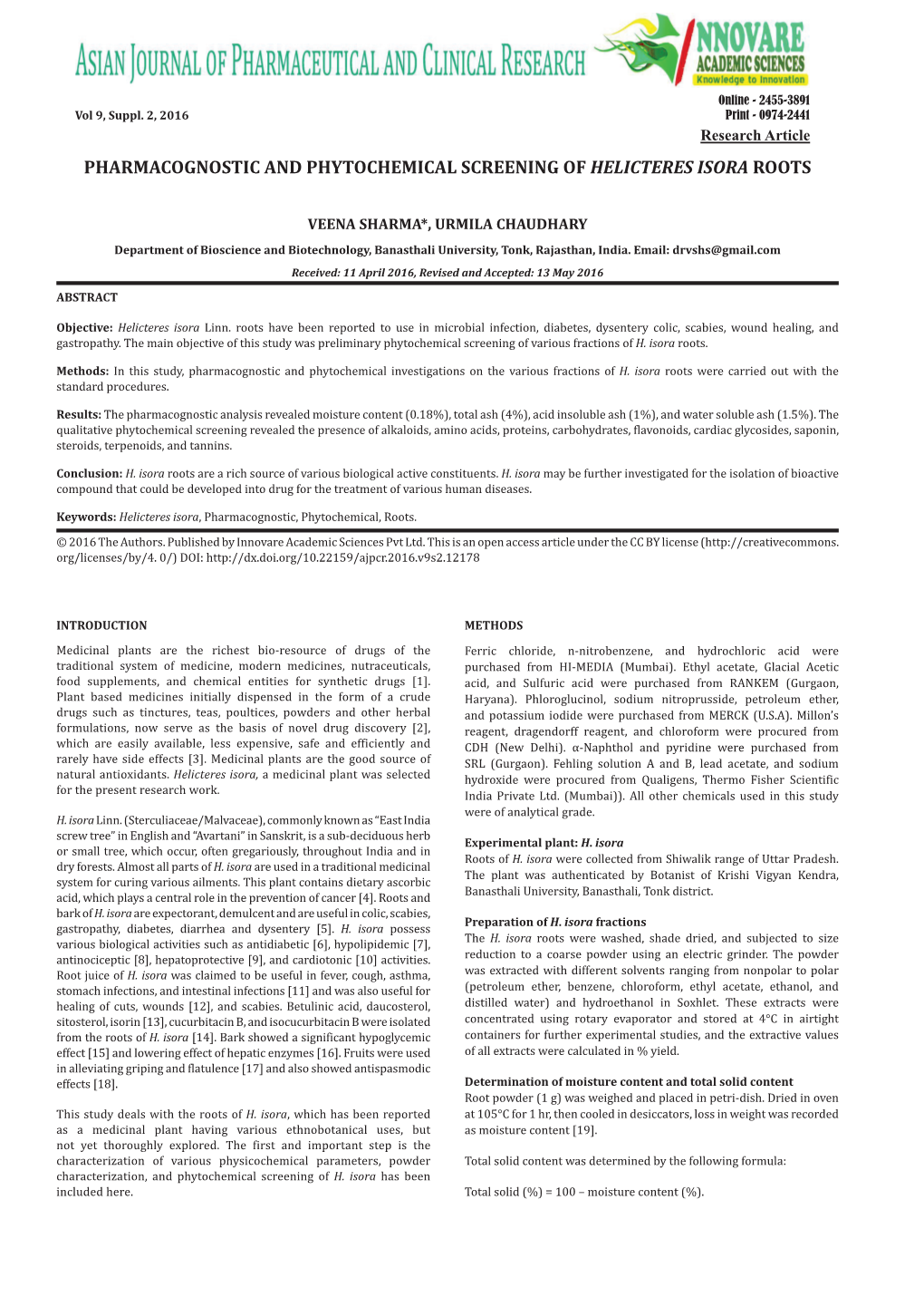 Pharmacognostic and Phytochemical Screening of Helicteres Isora Roots