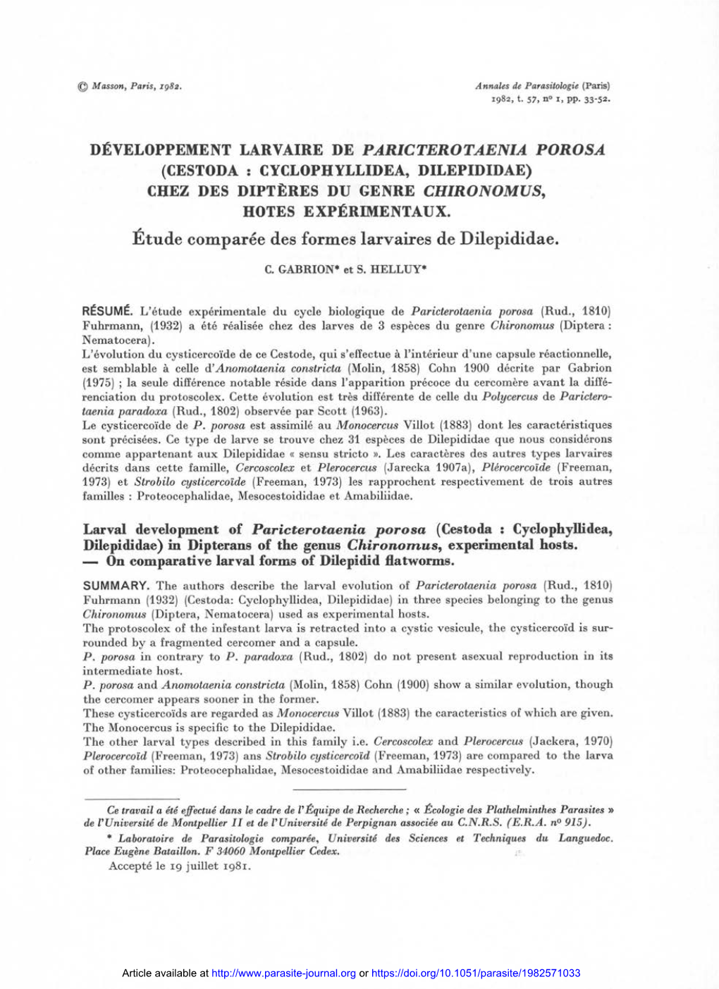 Développement Larvaire De Paricterotaenia Porosa (Cestoda : Cyclophyllidea, Dilepididae) Chez Des Diptères Du Genre Chironomus, Hotes Expérimentaux