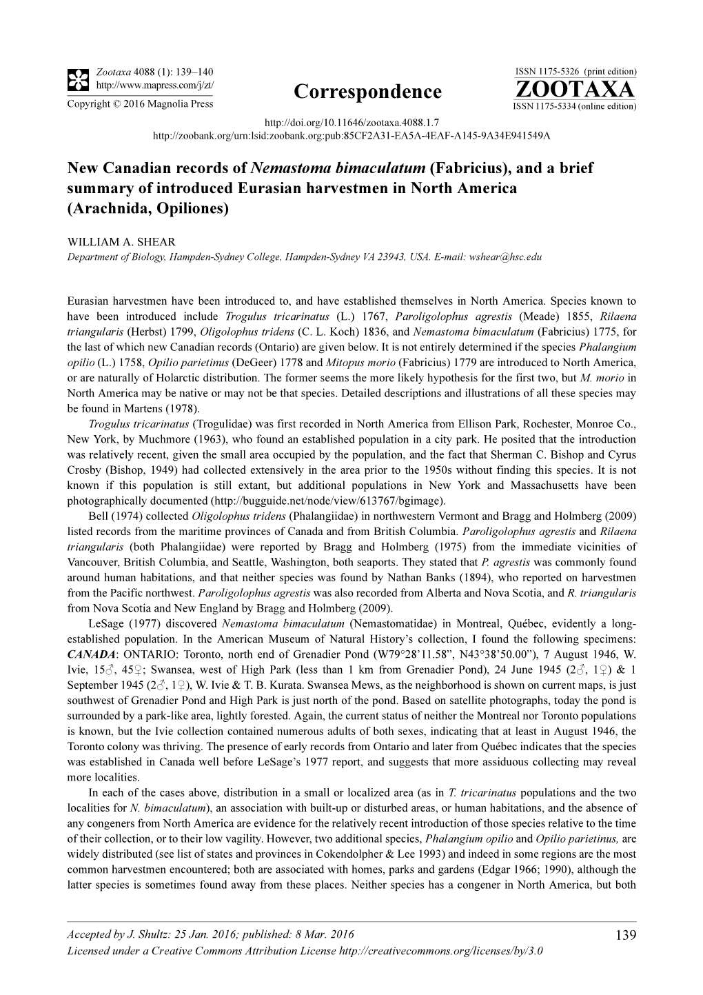 New Canadian Records of Nemastoma Bimaculatum (Fabricius), and a Brief Summary of Introduced Eurasian Harvestmen in North America (Arachnida, Opiliones)