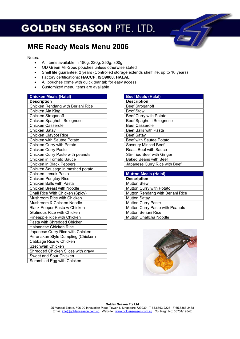 MRE Ready Meals Menu 2006