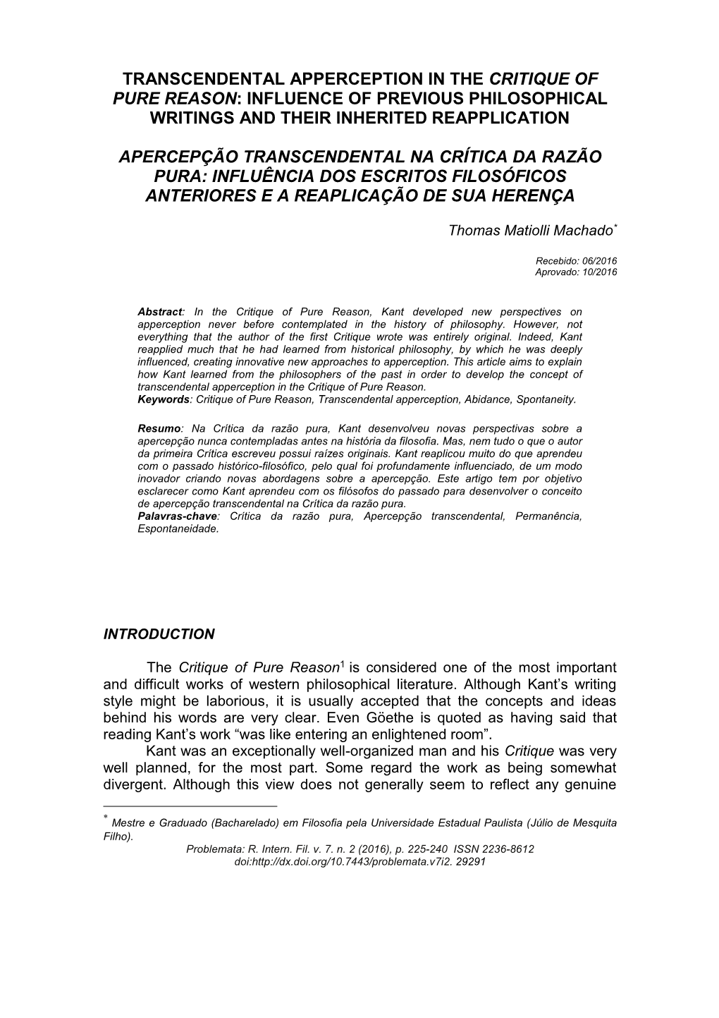 Transcendental Apperception in the Critique of Pure Reason: Influence of Previous Philosophical Writings and Their Inherited Reapplication