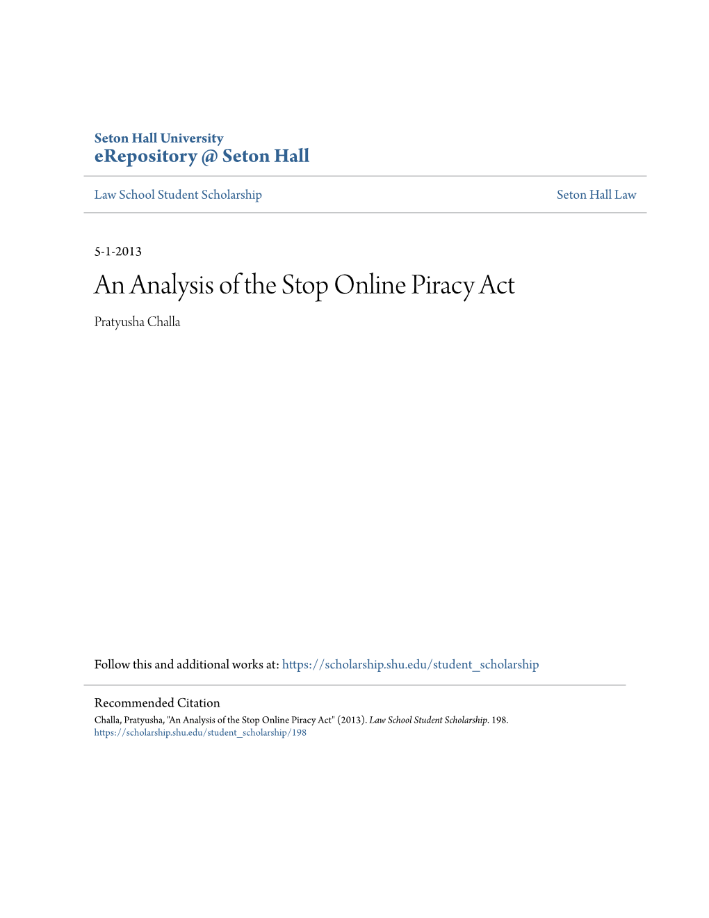 An Analysis of the Stop Online Piracy Act Pratyusha Challa