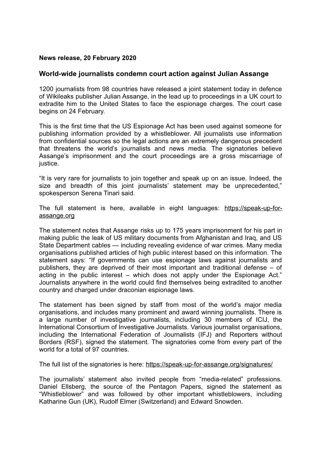 World-Wide Journalists Condemn Court Action Against Julian Assange