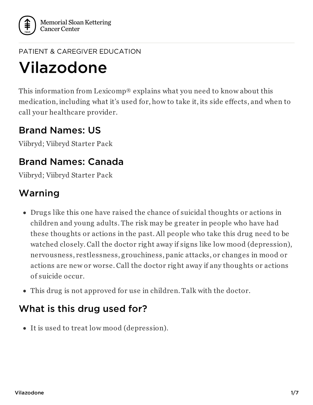 Vilazodone | Memorial Sloan Kettering Cancer Center