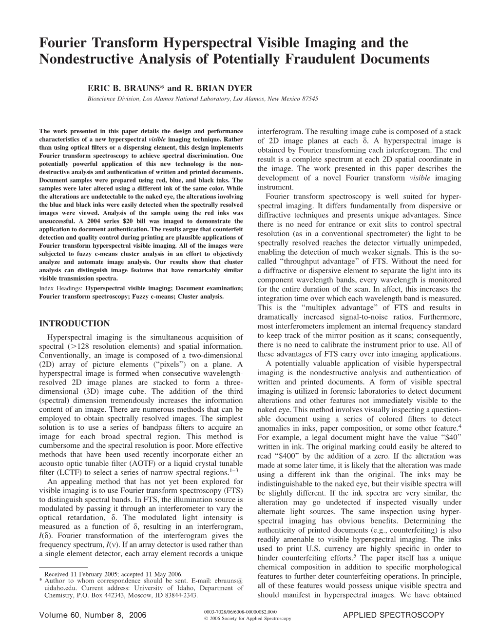 Fourier Transform Hyperspectral Visible Imaging and the Nondestructive Analysis of Potentially Fraudulent Documents