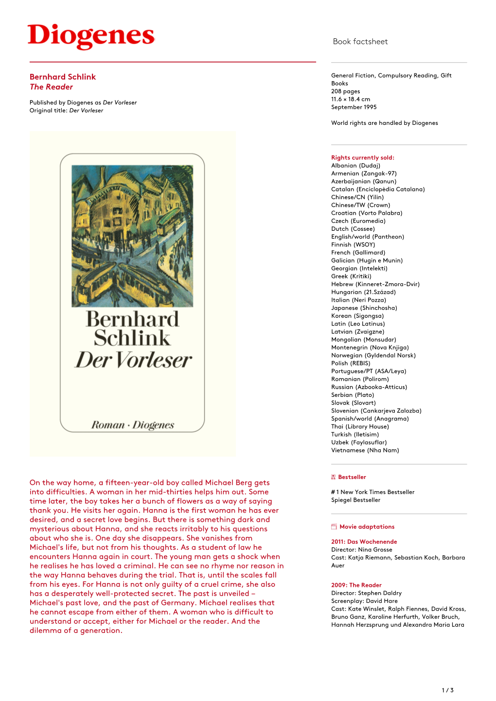 Book Factsheet Bernhard Schlink the Reader