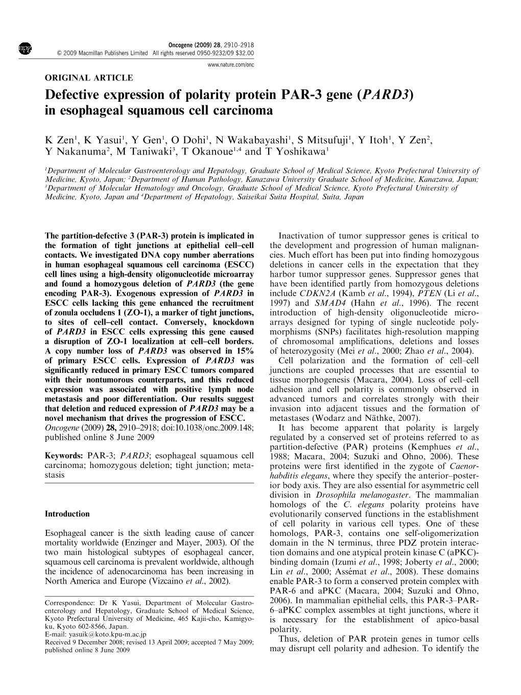 Defective Expression of Polarity Protein PAR-3 Gene (PARD3) in Esophageal Squamous Cell Carcinoma