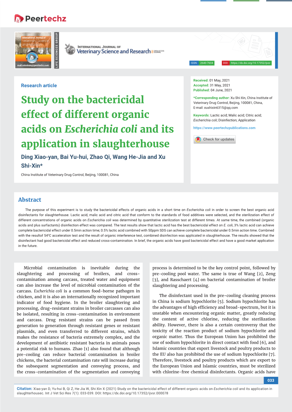 Study on the Bactericidal Effect of Different Organic Acids on Escherichia Coli and Its Application in Slaughterhousec