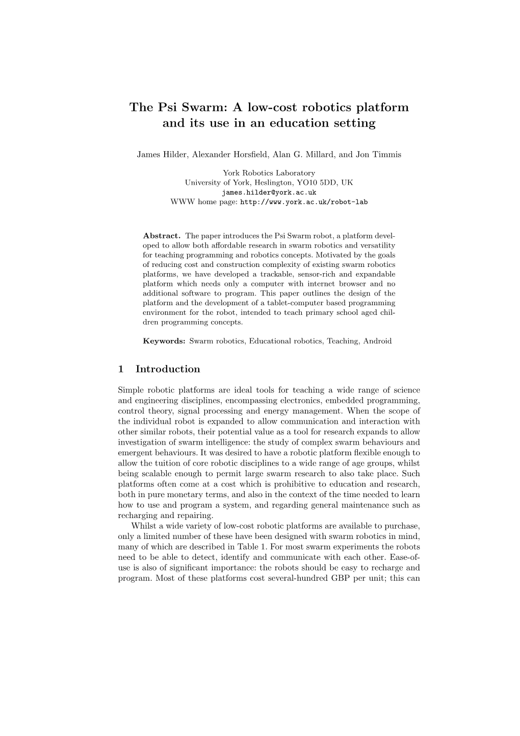 The Psi Swarm: a Low-Cost Robotics Platform and Its Use in an Education Setting