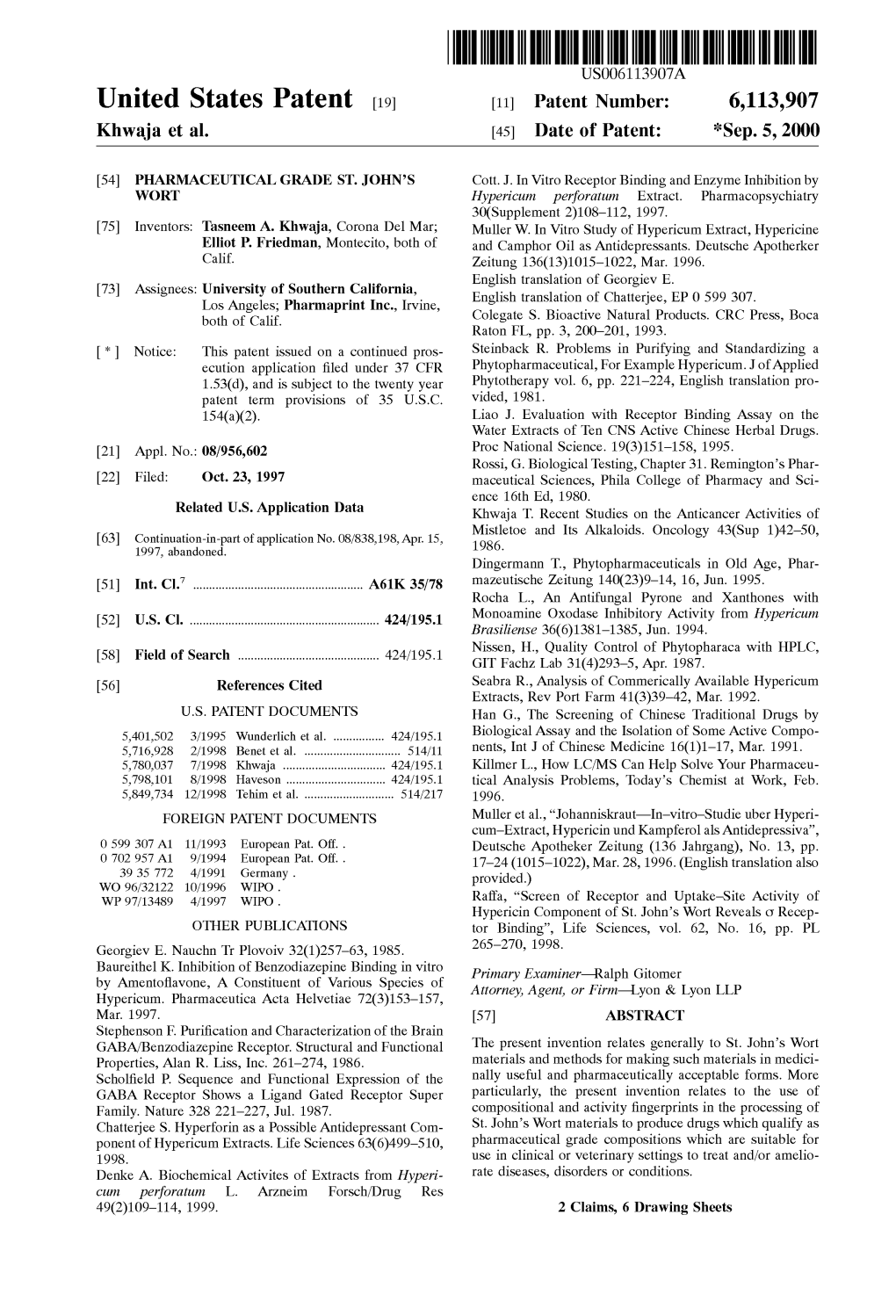 United States Patent (19) 11 Patent Number: 6,113,907 Khwaja Et Al