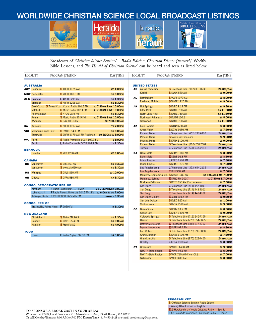 Worldwide Christian Science Local Broadcast Listings