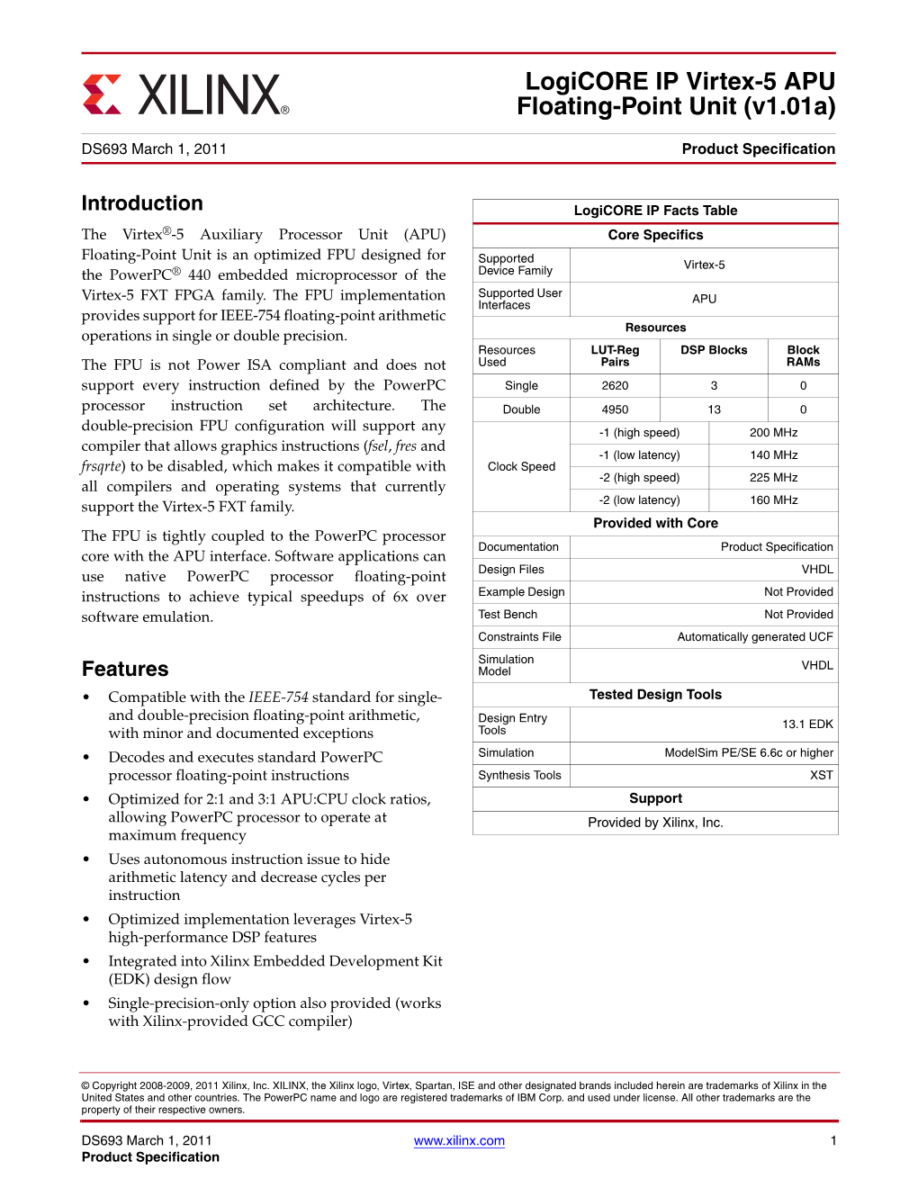 Xilinx Logicore IP Virtex-5 APU Floating-Point Unit (V1.01A), Data Sheet