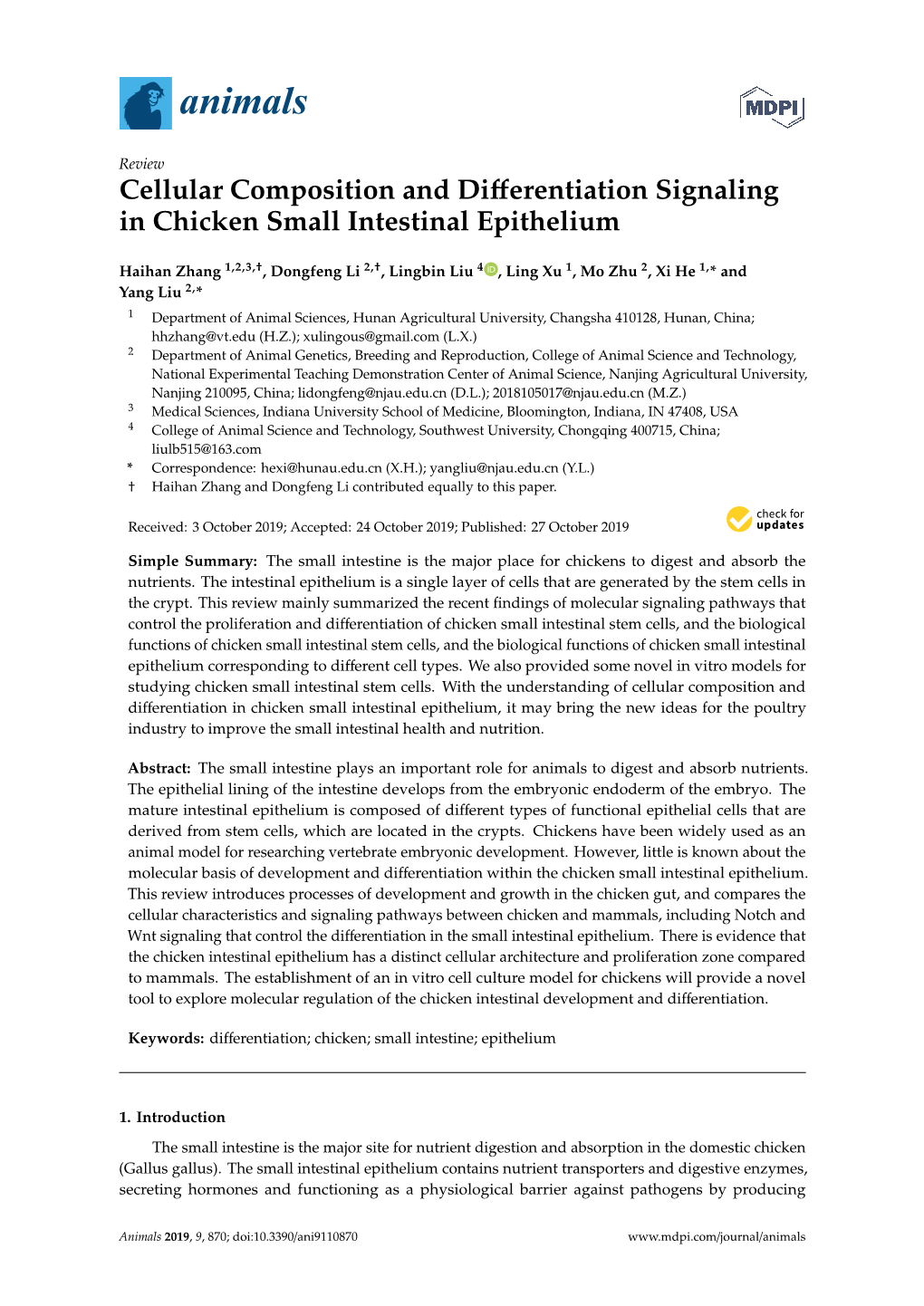 Cellular Composition and Differentiation Signaling in Chicken